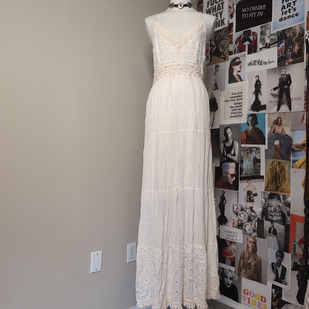 Ivory Crochet-Trim Maxi Dress with V-Neck